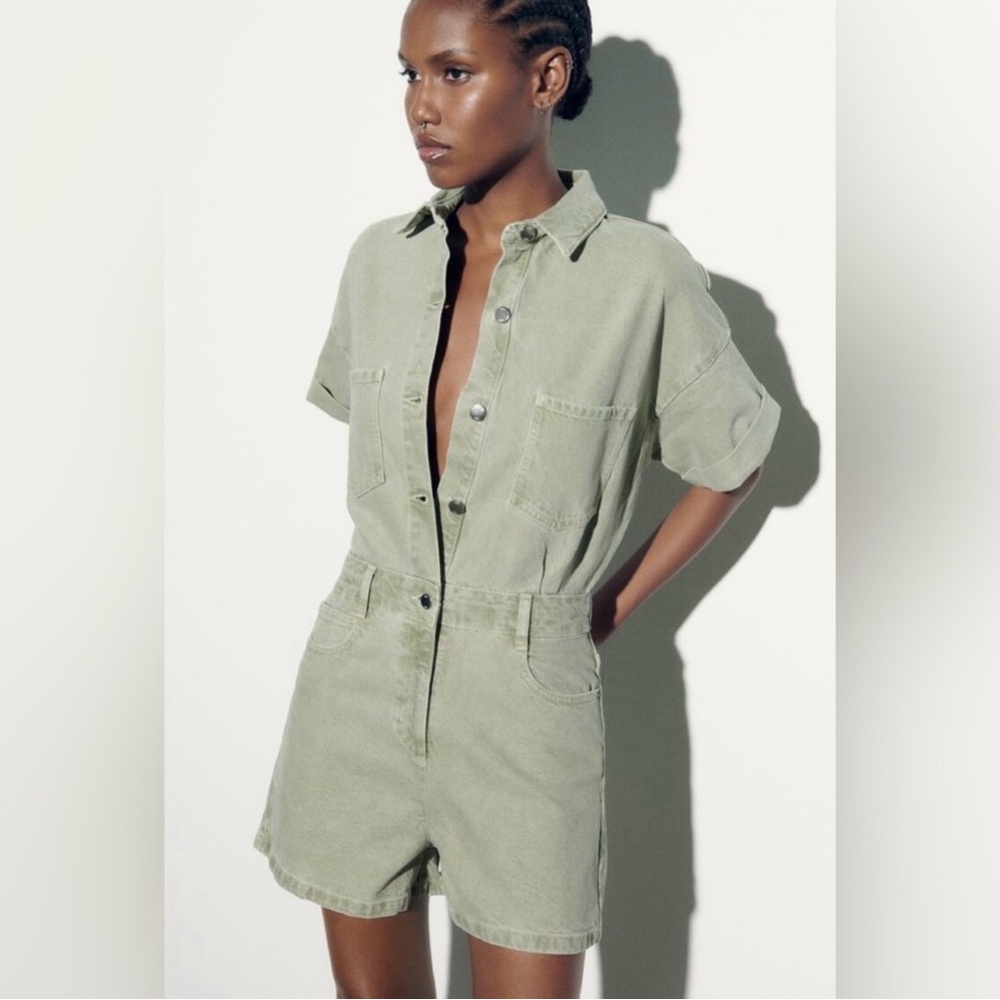 Zara Green Short Sleeve Denim Romper